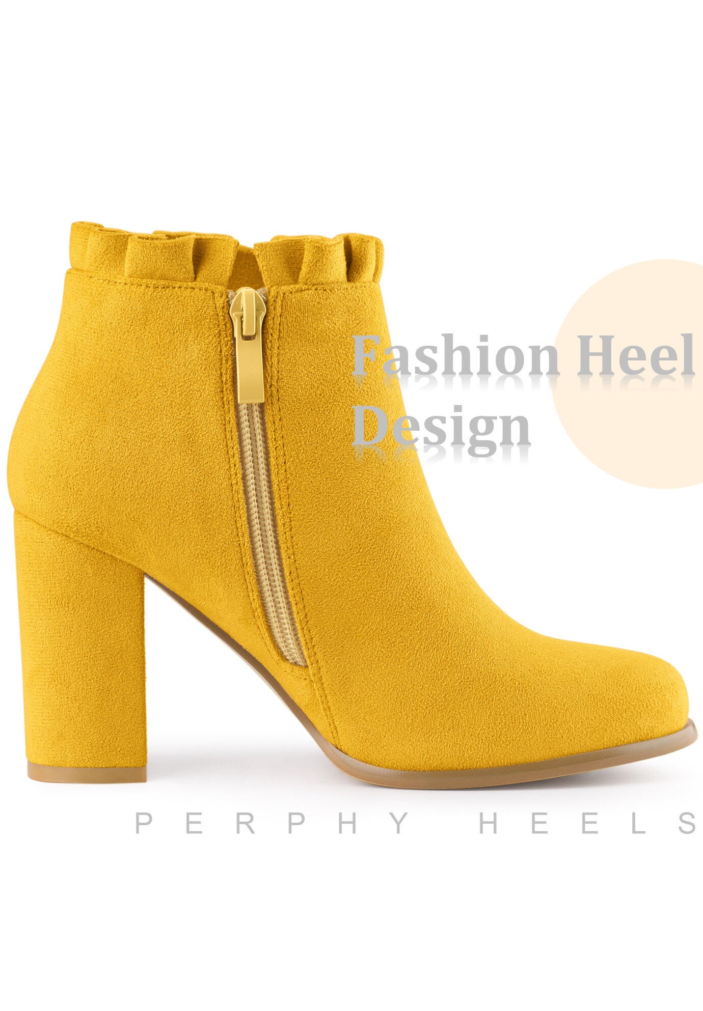 Ruffle Chunky Heel Booties Ankle Boots, Yellow / Yellow, alternate image number 3