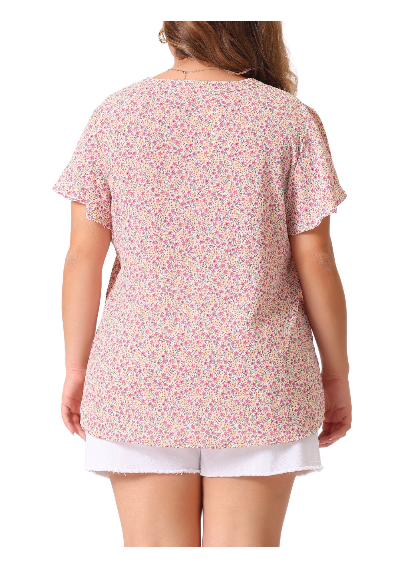 Flare Short Sleeve Button Down Floral Top Chiffon Shirt, Pink / Pink, alternate image number 3