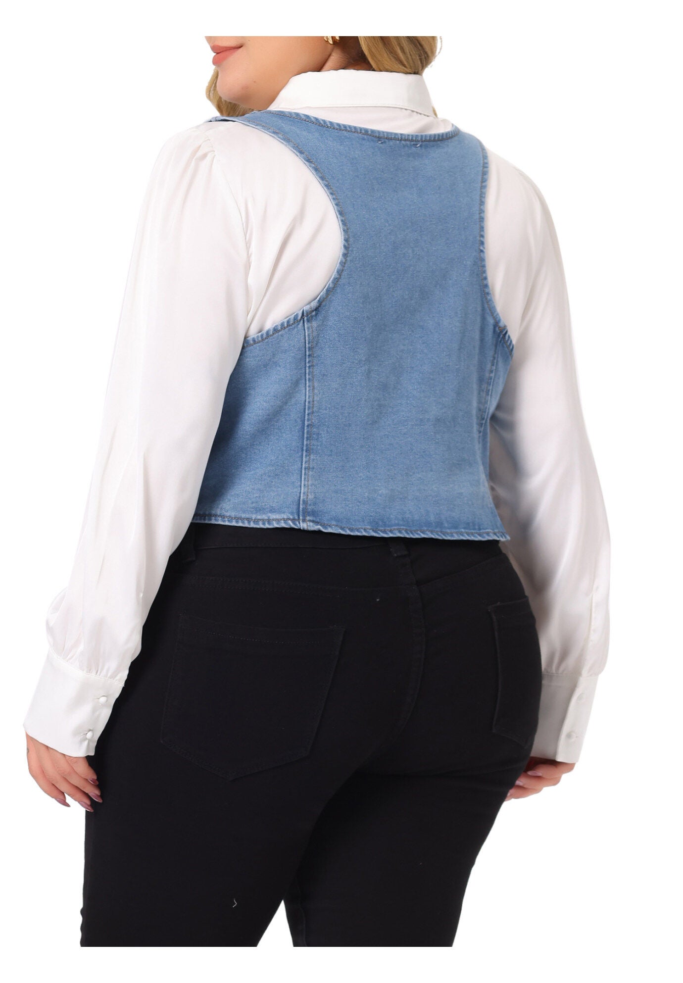 BUTTON DOWN SLEEVELESS JEAN WAISTCOAT VEST, Light Blue / Light Blue, alternate image number 3