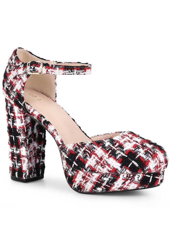 Round Toe Platform Tweed Chunky Heels Pumps, Red Black / Red, hi-res image number 0