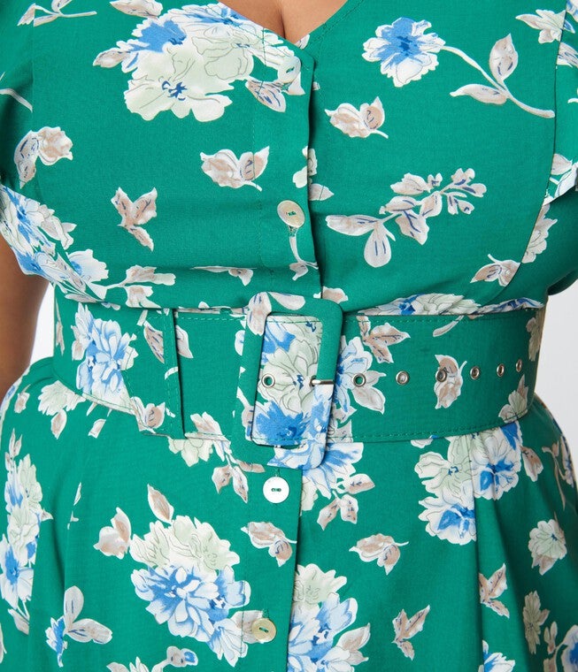 Unique Vintage Green Floral Flutter Sleeve Midi Dress, Green Floral / Turquoise, alternate image number null