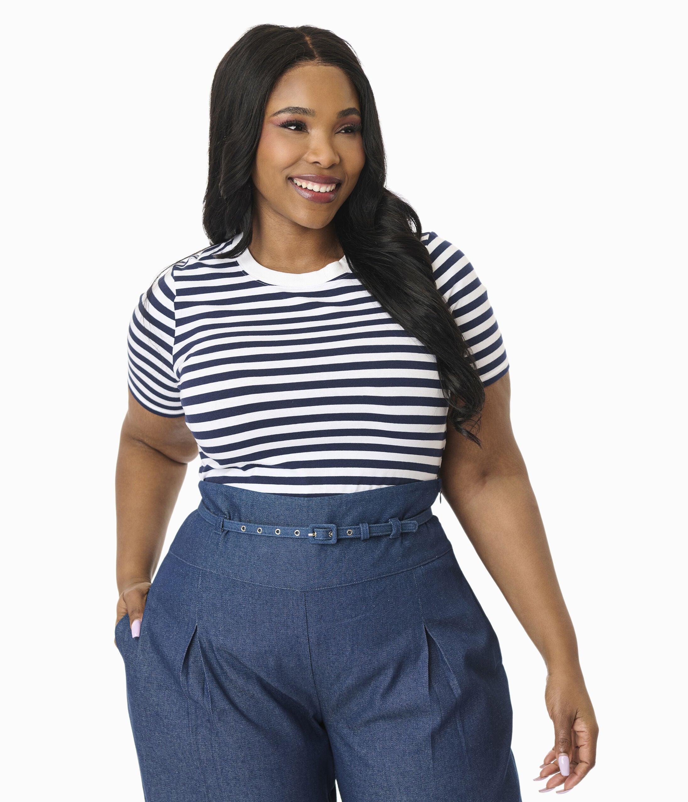 Unique Vintage Plus Size Navy & White Stripe Cotton Back To Basics Top, Navy / Navy, hi-res image number 0