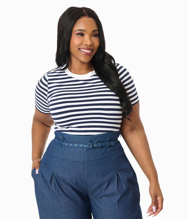 Unique Vintage Plus Size Navy & White Stripe Cotton Back To Basics Top, Navy / Navy, hi-res image number 0