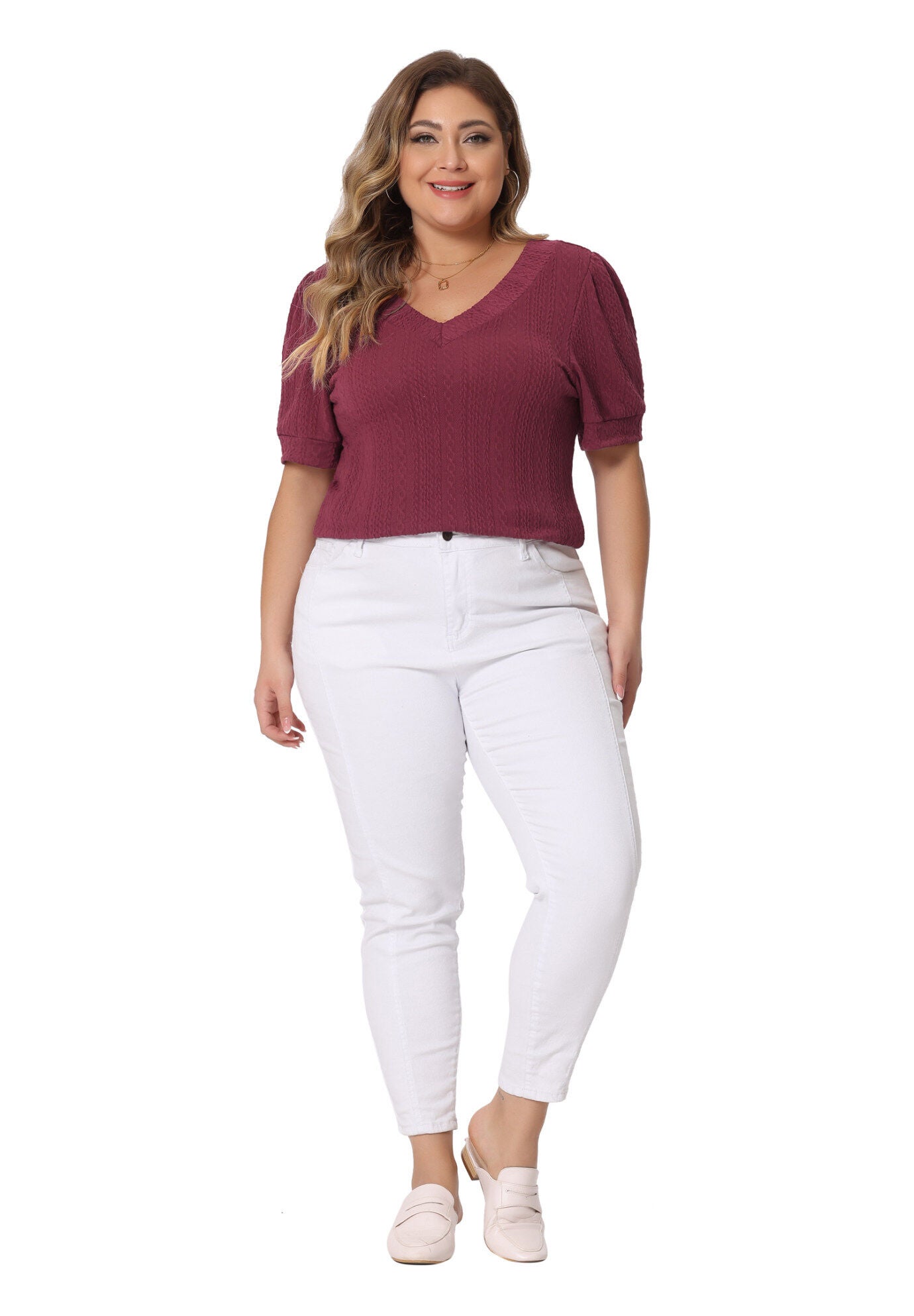 DEEP V NECK SHORT SLEEVE T-SHIRT CASUAL TOP, Burgundy / Red, hi-res image number 0