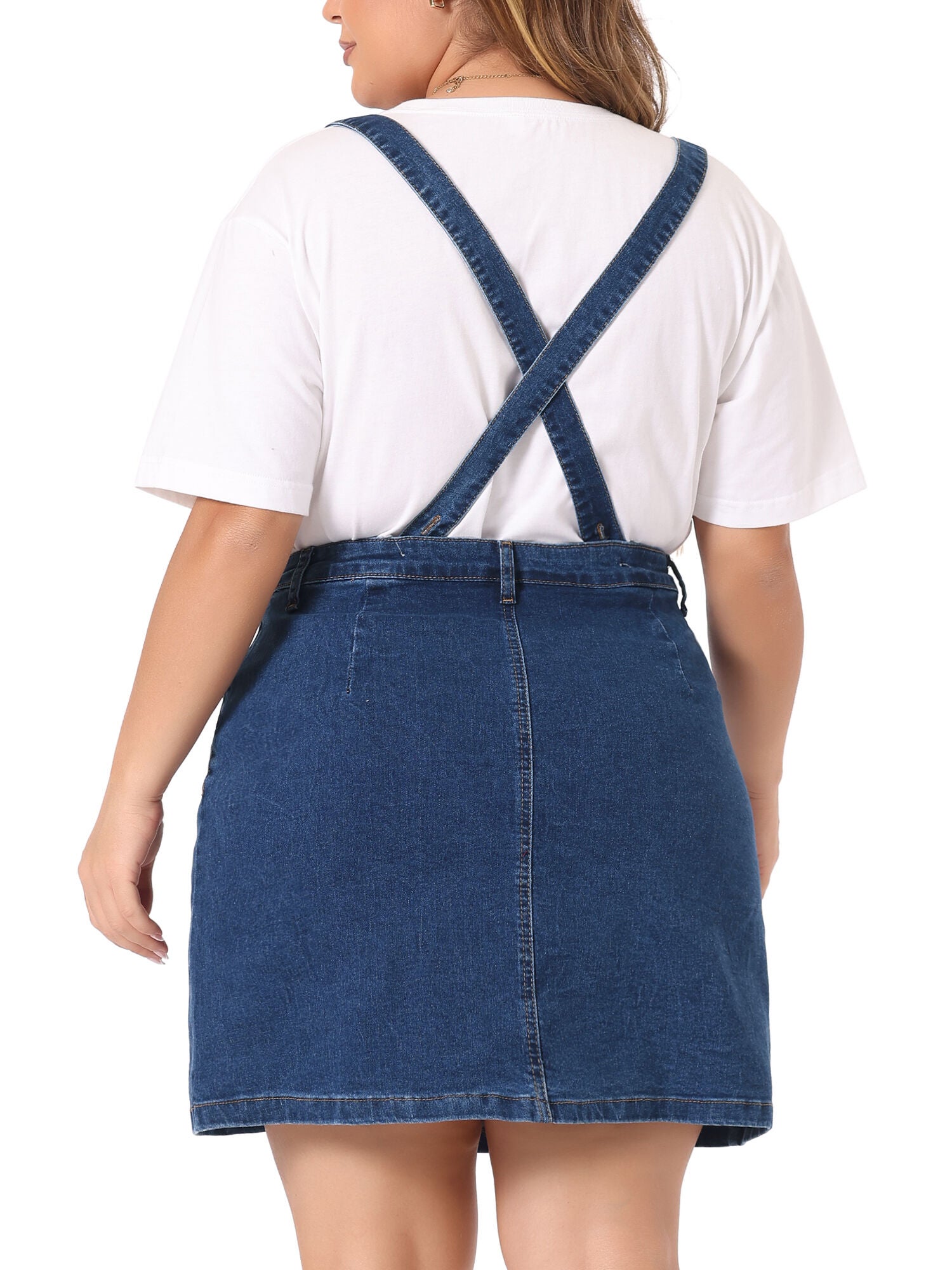Suspender Skirt Adjustable Strap Cross Back Mini Denim A-Line Overall Dress, Dark Blue / Navy, alternate image number 3