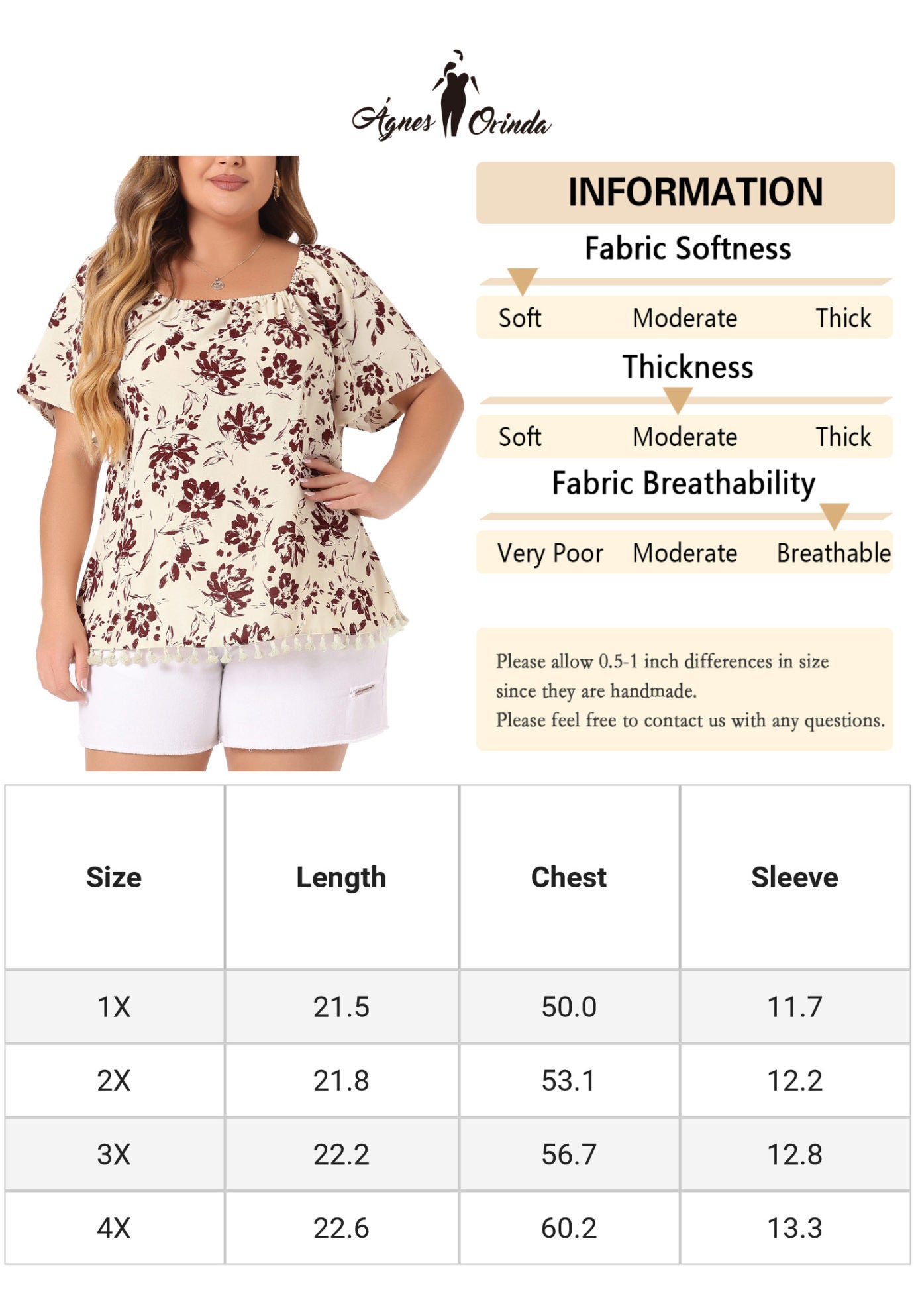 Square Neck Floral Tassel Hem Boho Tops, Beige / Beige, alternate image number 4