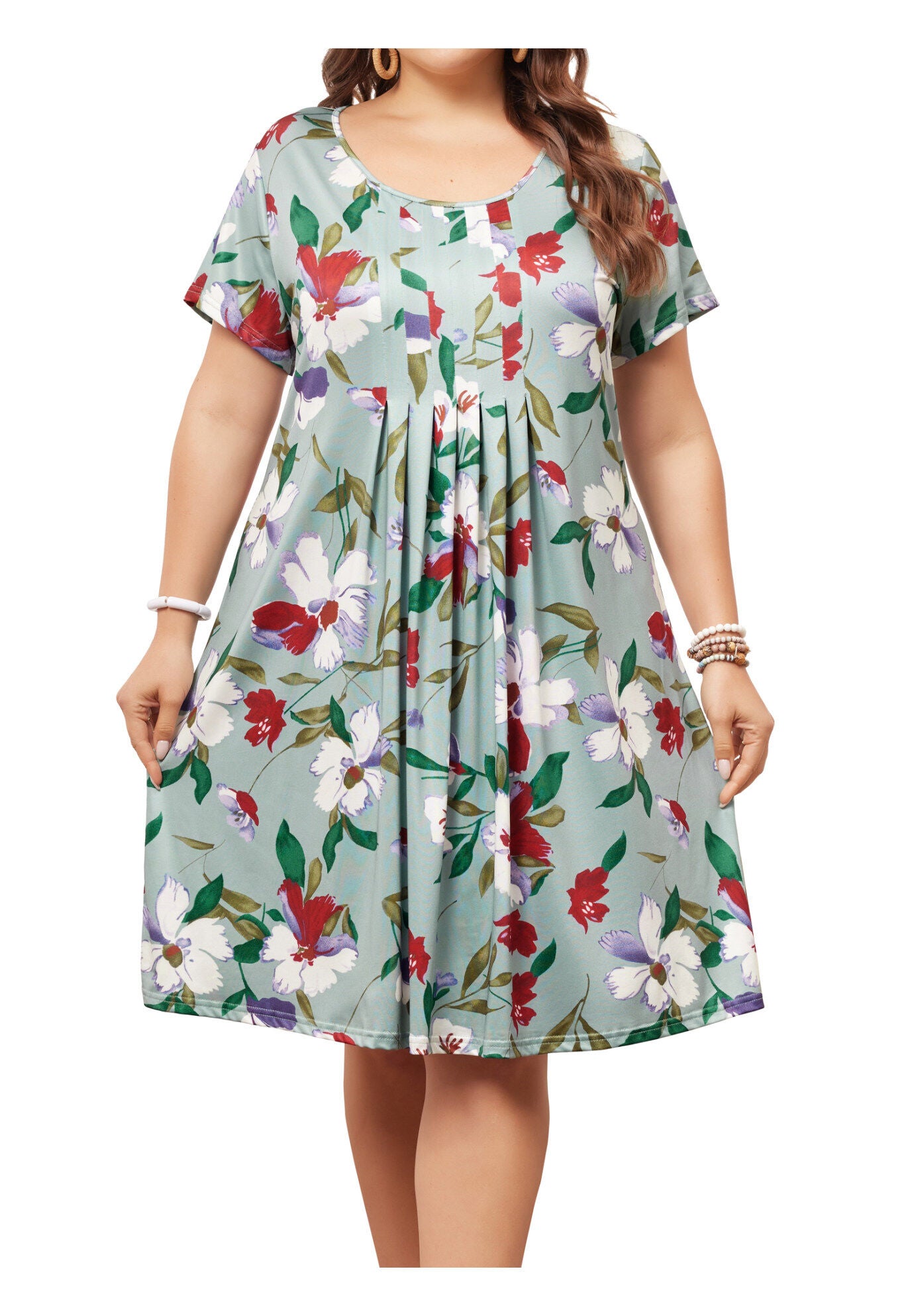 Short Sleeves Pleated Summer Beach Casual Loose Floral Dress, Green / Light Green, alternate image number 2
