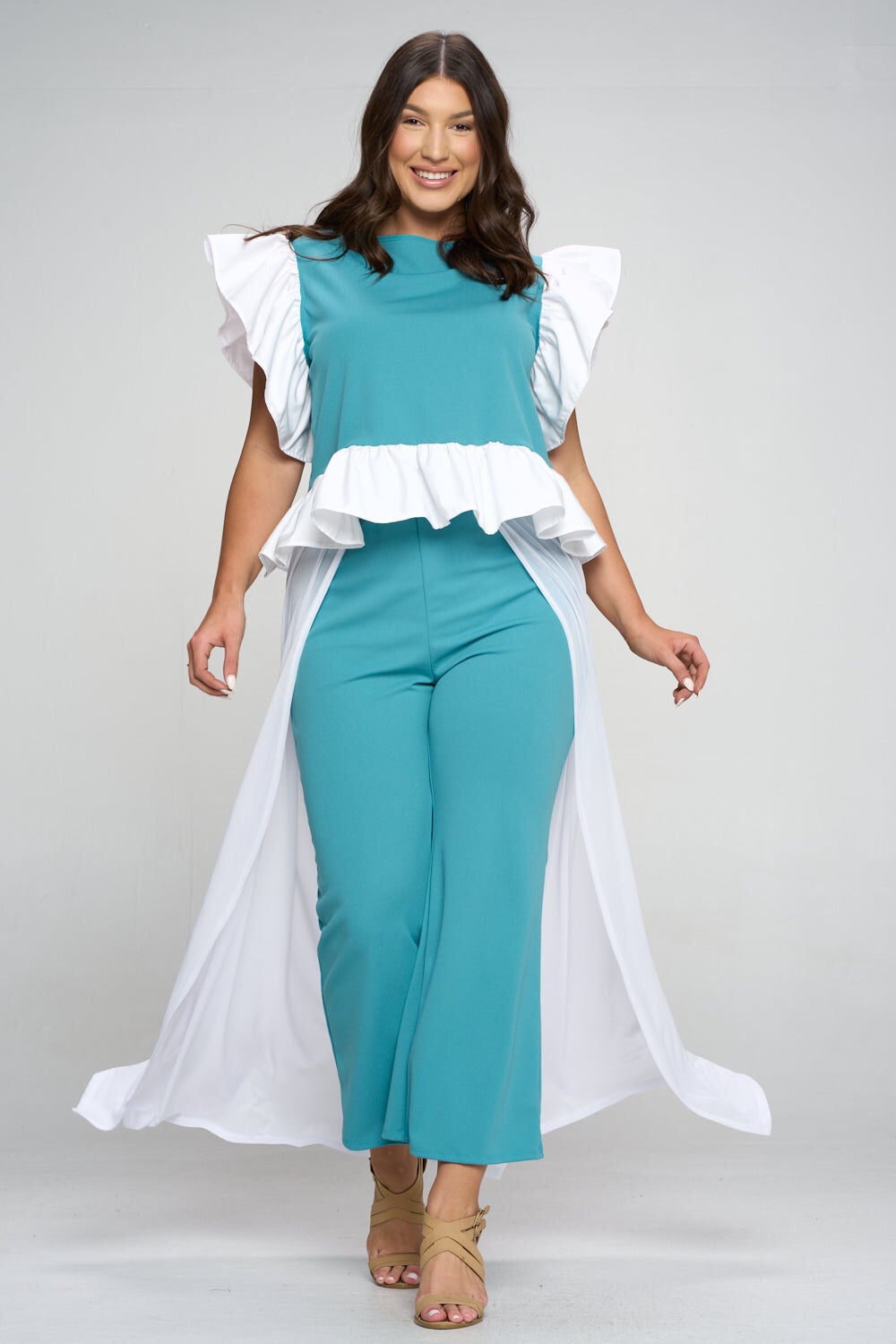 RUFFLED BABYDOLL PEPLUM TOP, Seafoam and White / Light Blue, hi-res image number 0