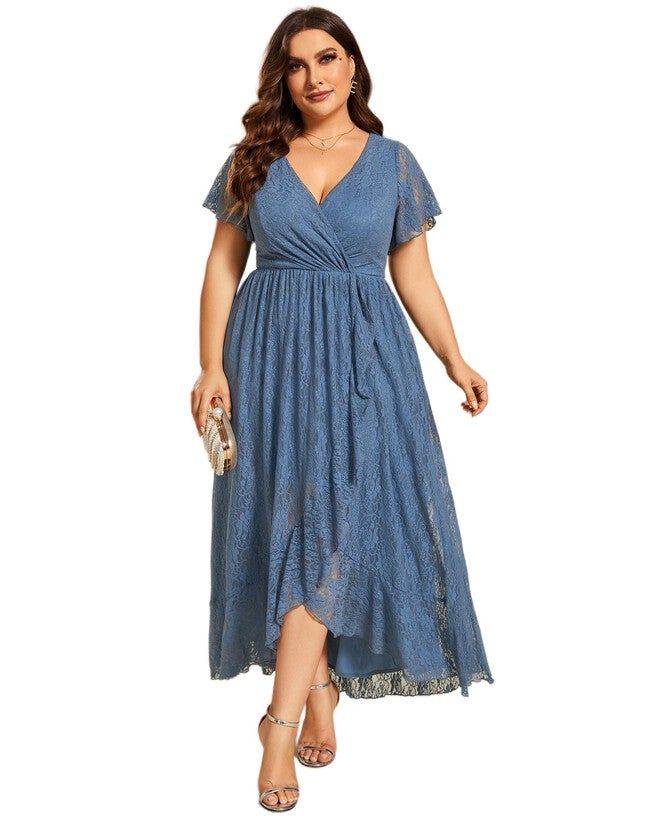 Short Sleeve Ruffled V-Neck A-Line Lace Evening Dress, Dusty Navy / Dusty Blue, alternate image number null
