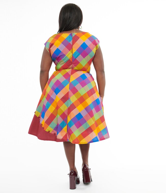 1950s Fall Madras Plaid Swing Dress, Rainbow Madras Plaid / Red, alternate image number 2