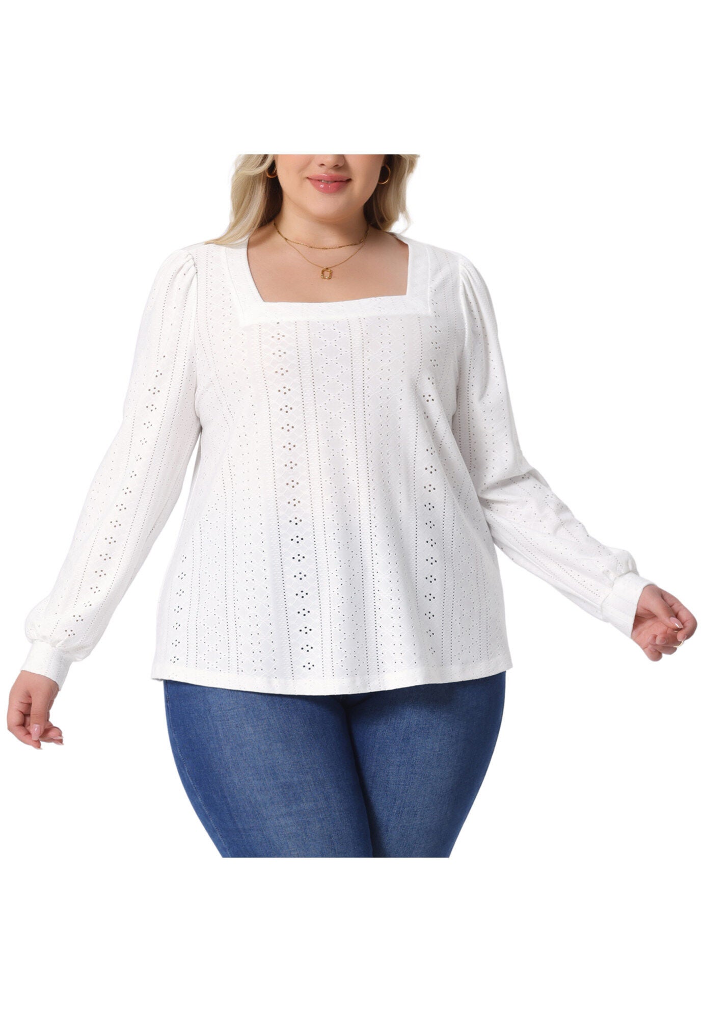 Square Neck Hollow Long Sleeve Eyelet Blouse, White / White, alternate image number 2