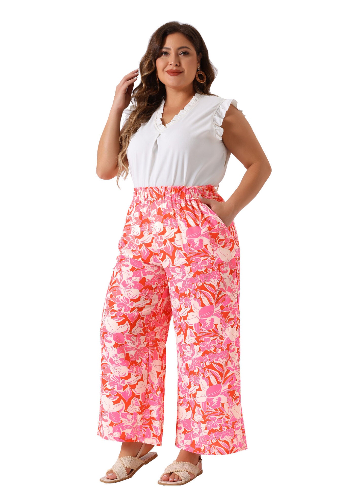 FLORAL PRINT HIGH WAIST WIDE LEG PANTS, Pink / Pink, hi-res image number 0