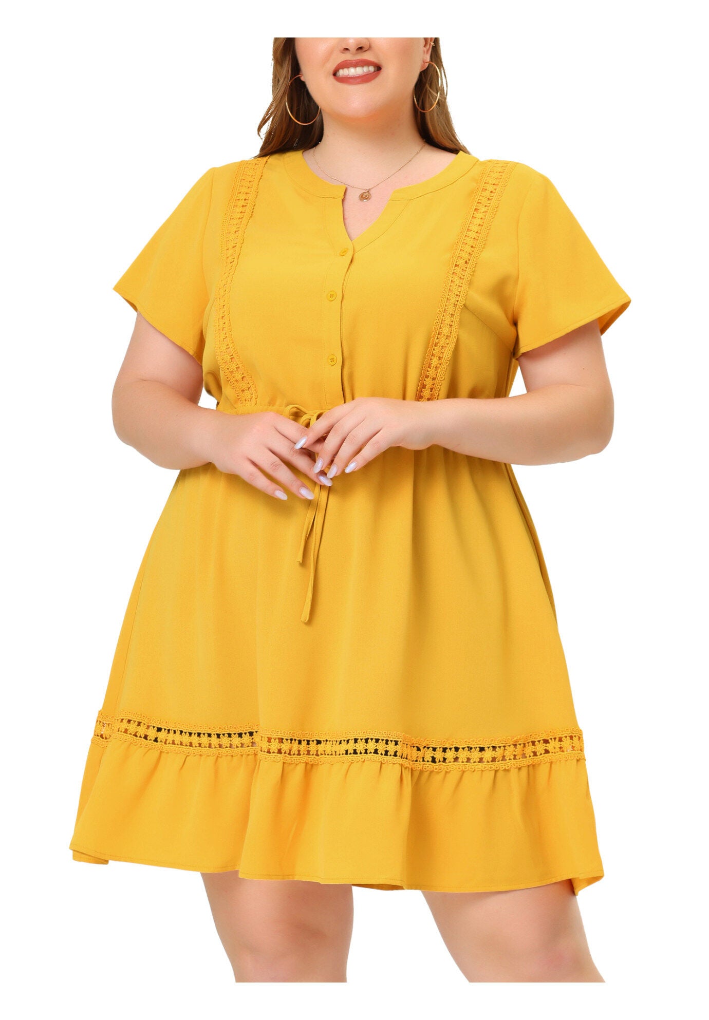 Button V Neck Summer Midi Ruffle A Line Swing Dress, Yellow / Yellow, alternate image number 2