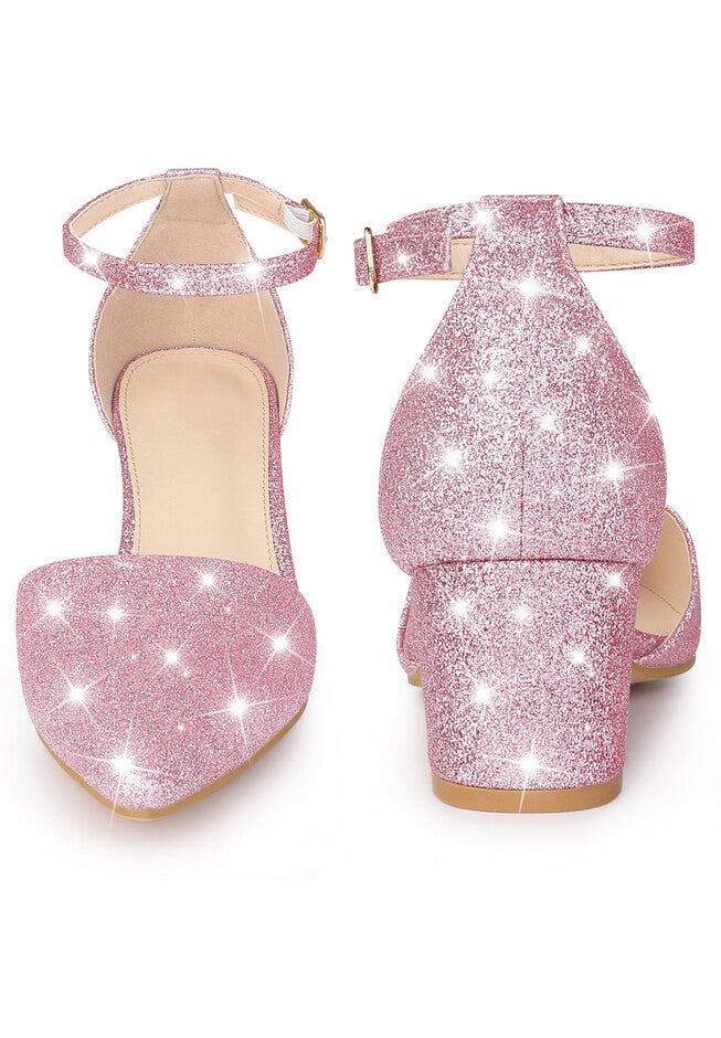 Glitter Pointed Toe Ankle Strap Dress Pumps, Pink / Pink, alternate image number 1