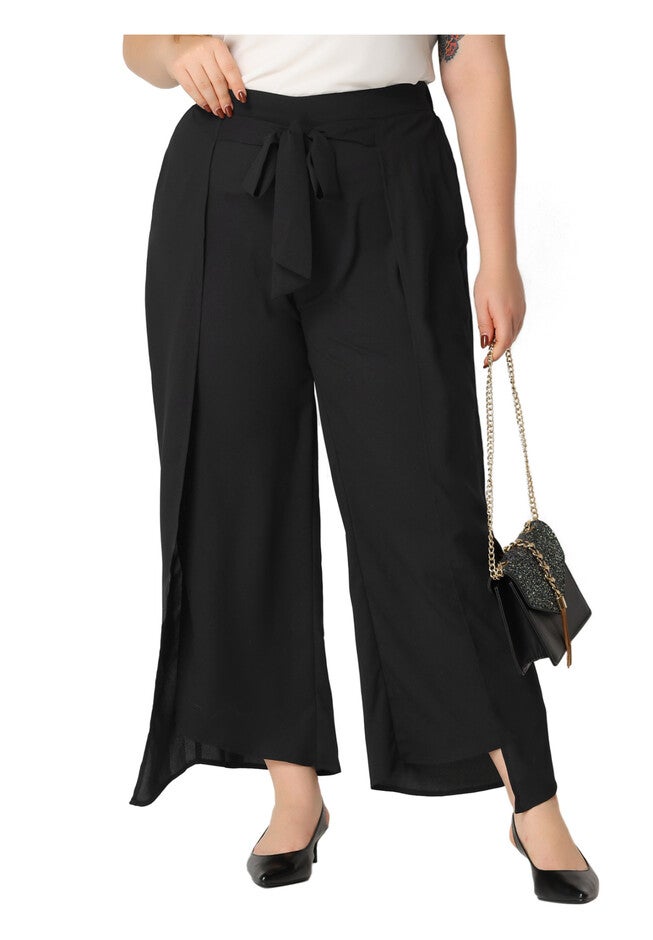 CHIFFON HIGH WAIST TIE FRONT SPLIT FLOWY WIDE LEG PALAZZO PANTS, Black / Black, alternate image number 1