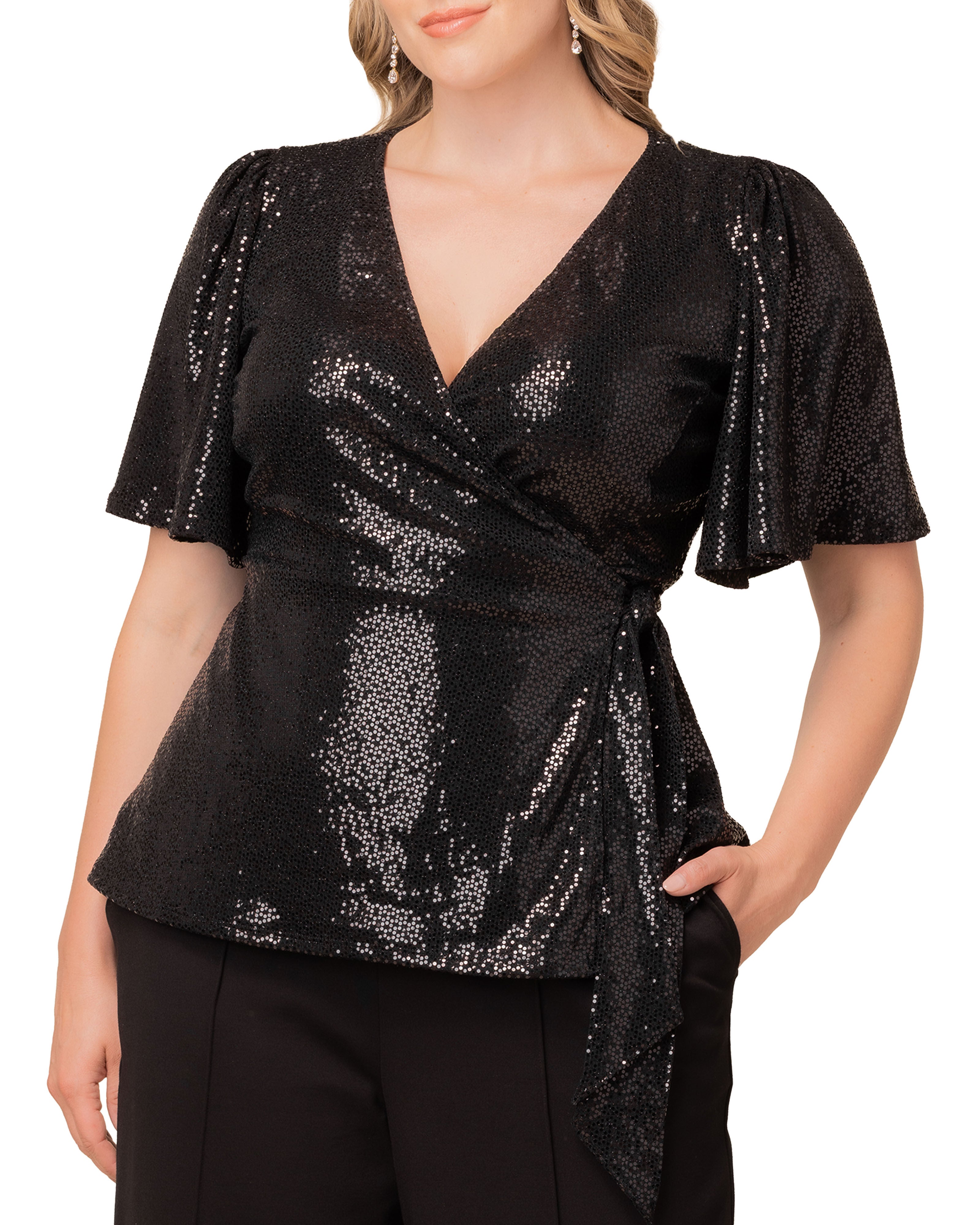Shimmering Sequin Wrap Top, ONYX / Black, alternate image number 2
