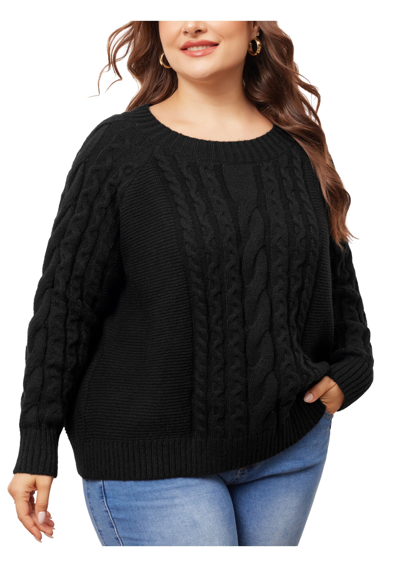 Long Sleeve Crewneck Fisherman Cable Pullover Sweater, Black / Black, alternate image number 2