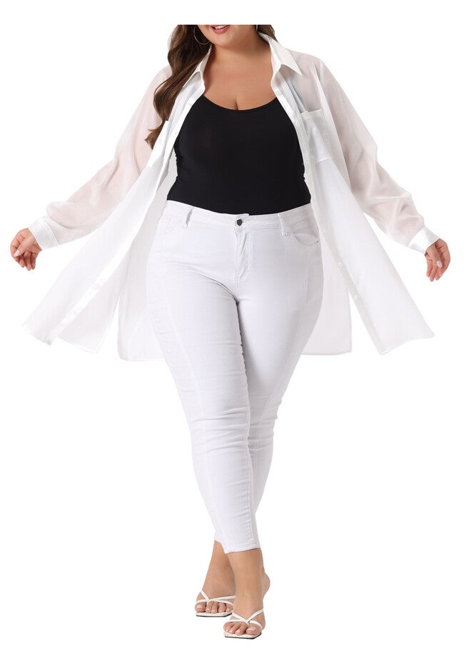 LONG SLEEVE BUTTON DOWN SOLID SHEER SHIRT TOP, White / White, alternate image number null