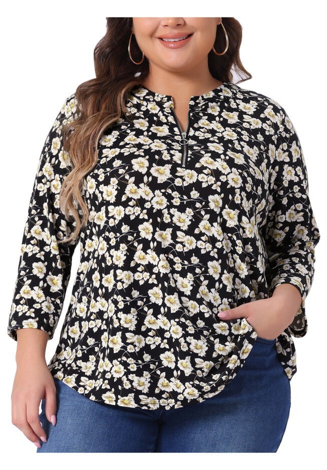 3/4 Sleeve Zip Up Floral Print V Neck Pullover Blouse Top, Black / Black, alternate image number null