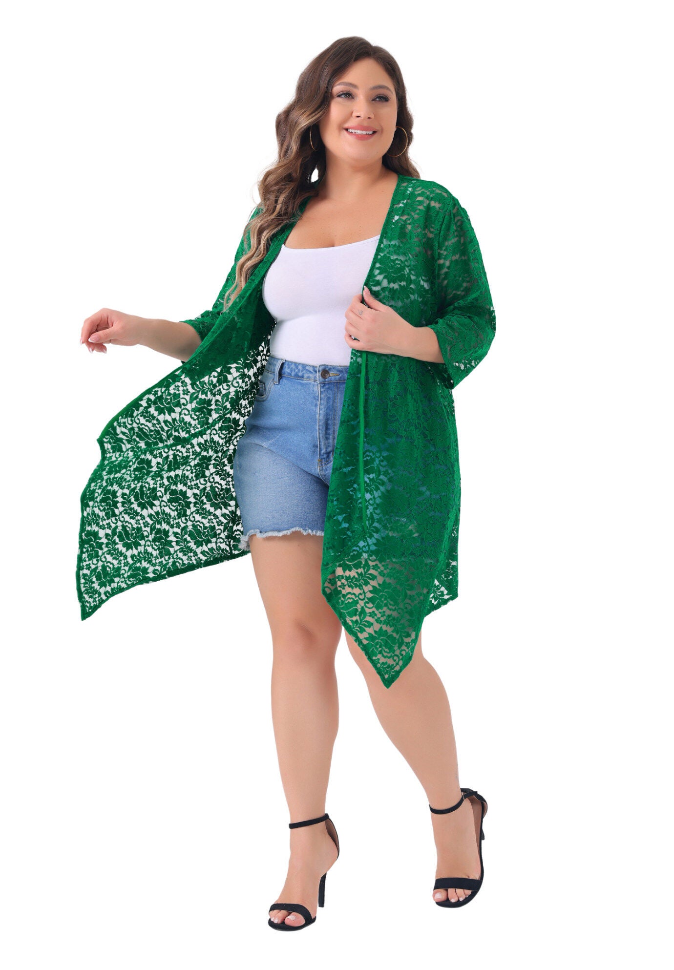 OPEN FRONT 3/4 SLEEVES CROCHET CARDIGAN COVER UP, Dark Green / Kelly Green, alternate image number 2