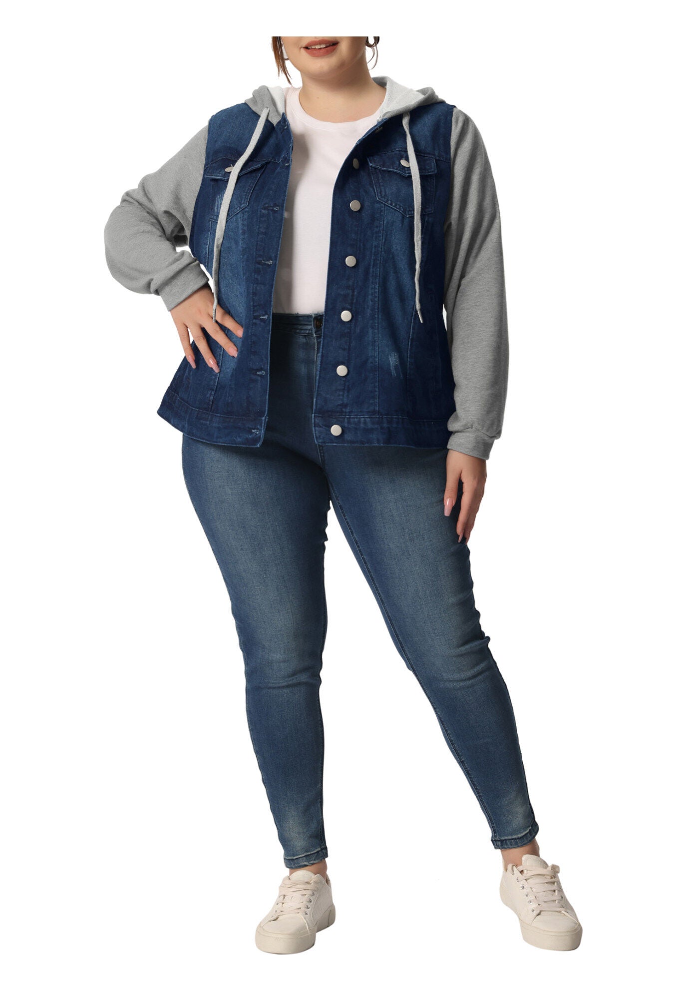 LAYERED DRAWSTRING HOODIE DENIM JEAN JACKET, Black Blue / Navy, alternate image number 1