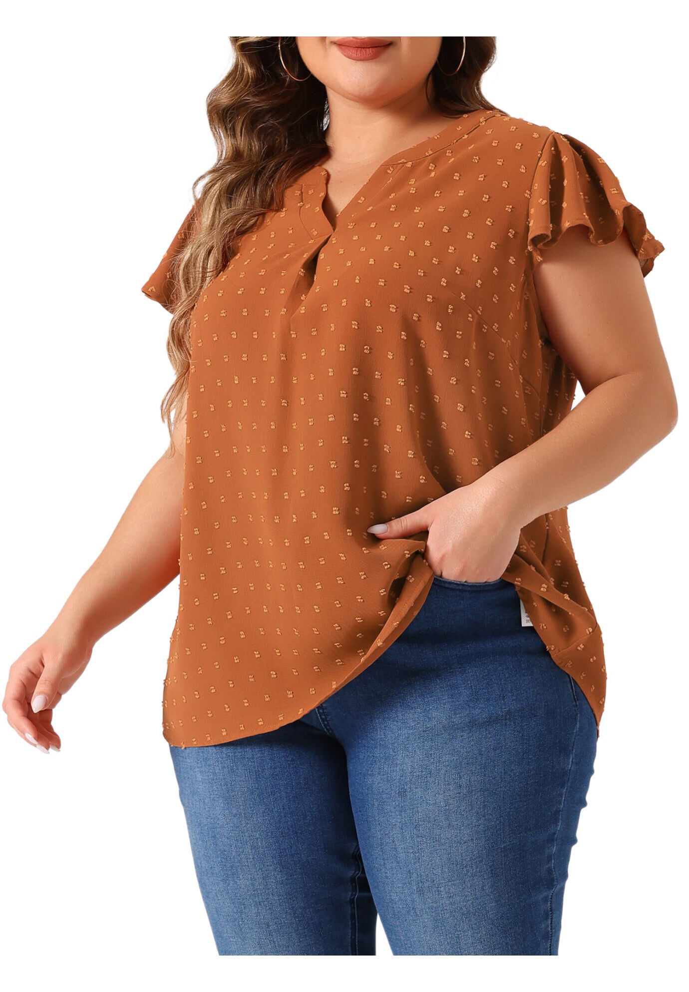 Swiss Dots Notched Neck Ruffle Sleeve Blouse, Caramel / Brown, alternate image number 1
