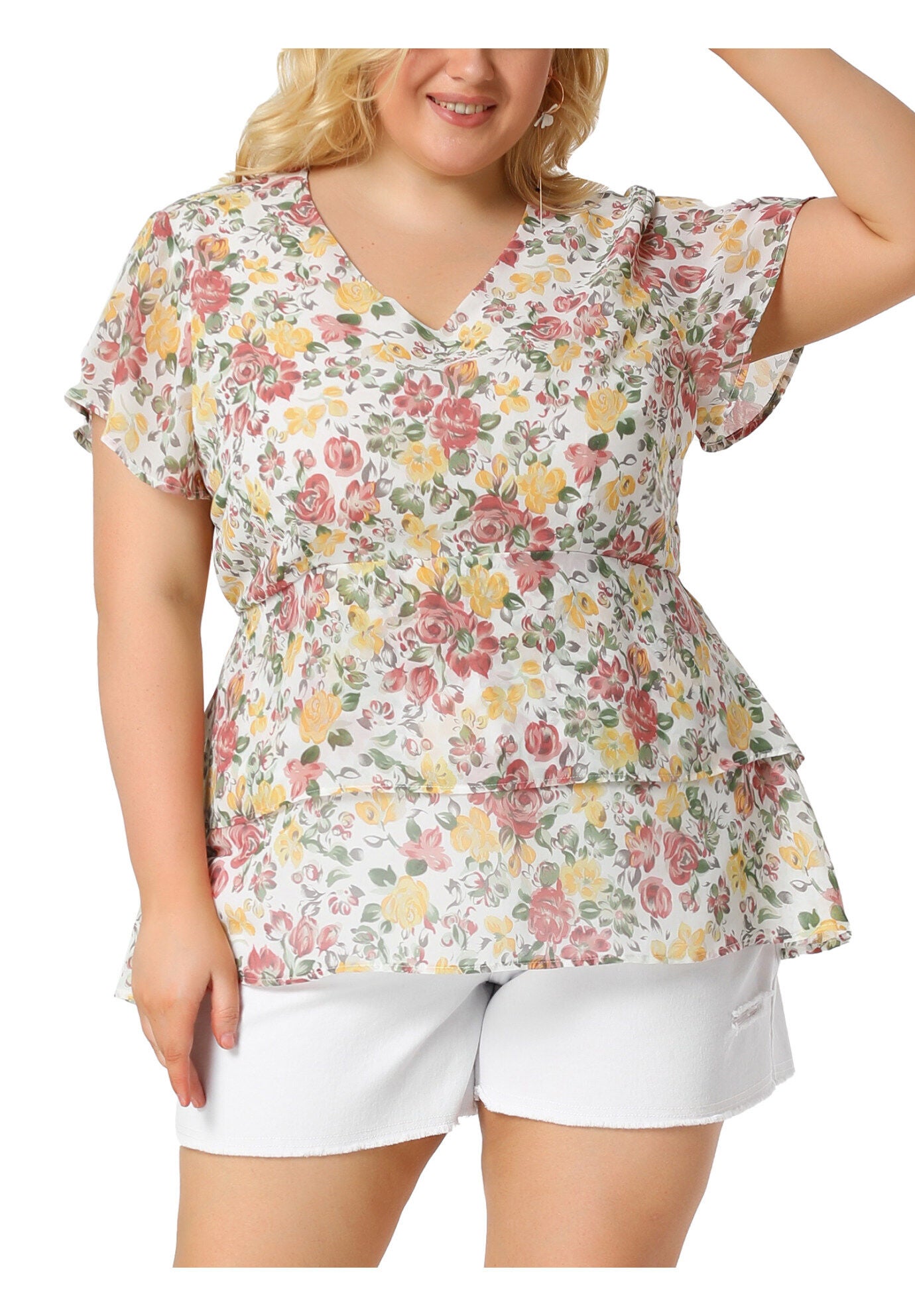 Short Sleeve Layered Casual Floral Blouse Summer Top, White / White, alternate image number 2