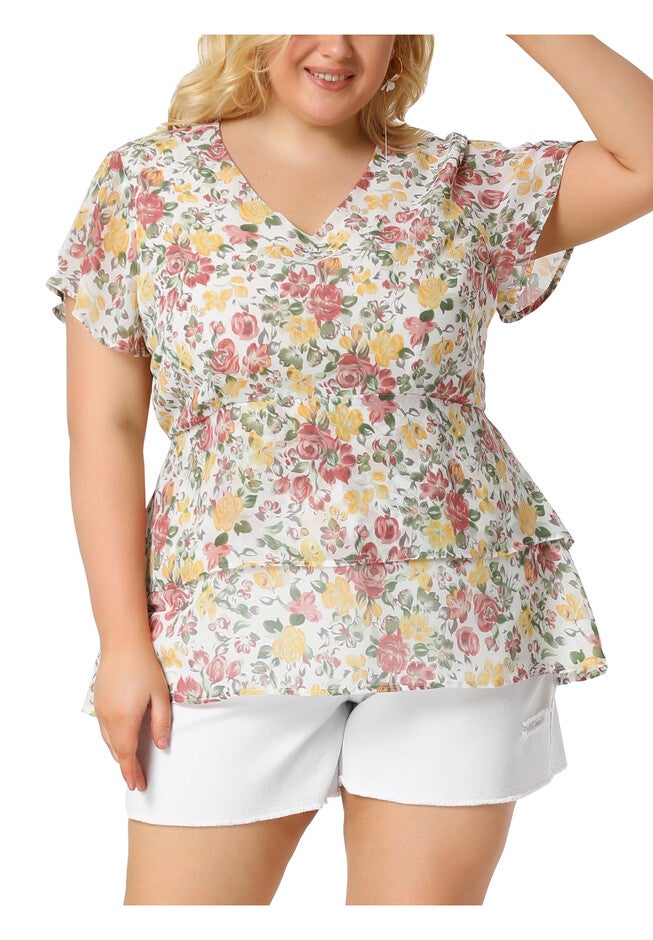 Short Sleeve Layered Casual Floral Blouse Summer Top, White / White, alternate image number 2