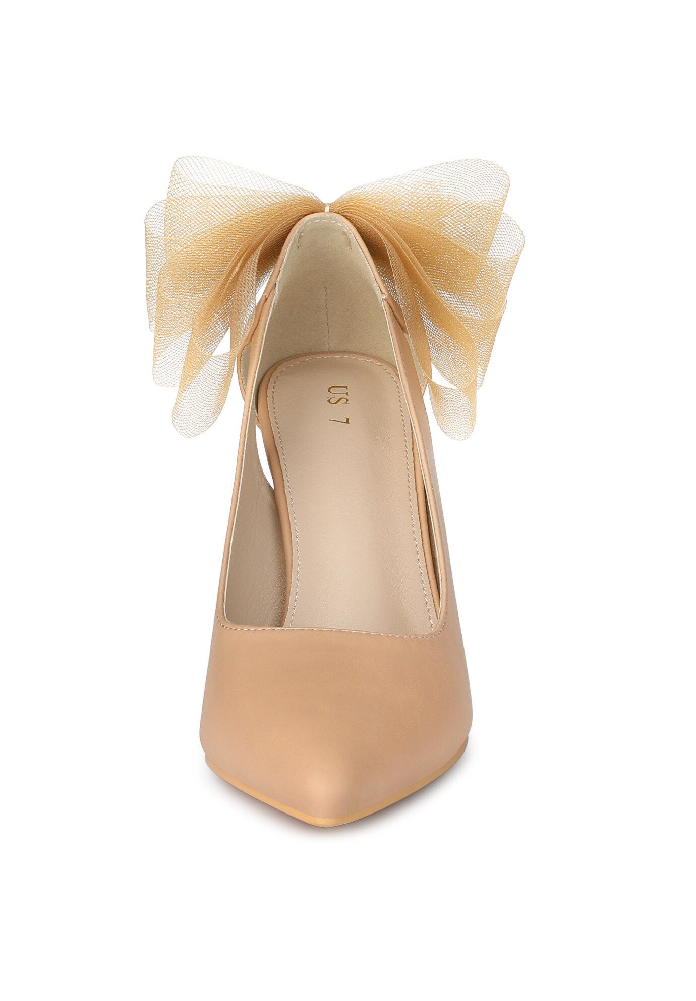 Mesh Bow Pointed Toe Stiletto Heels Pumps, Nude / Beige, alternate image number 1