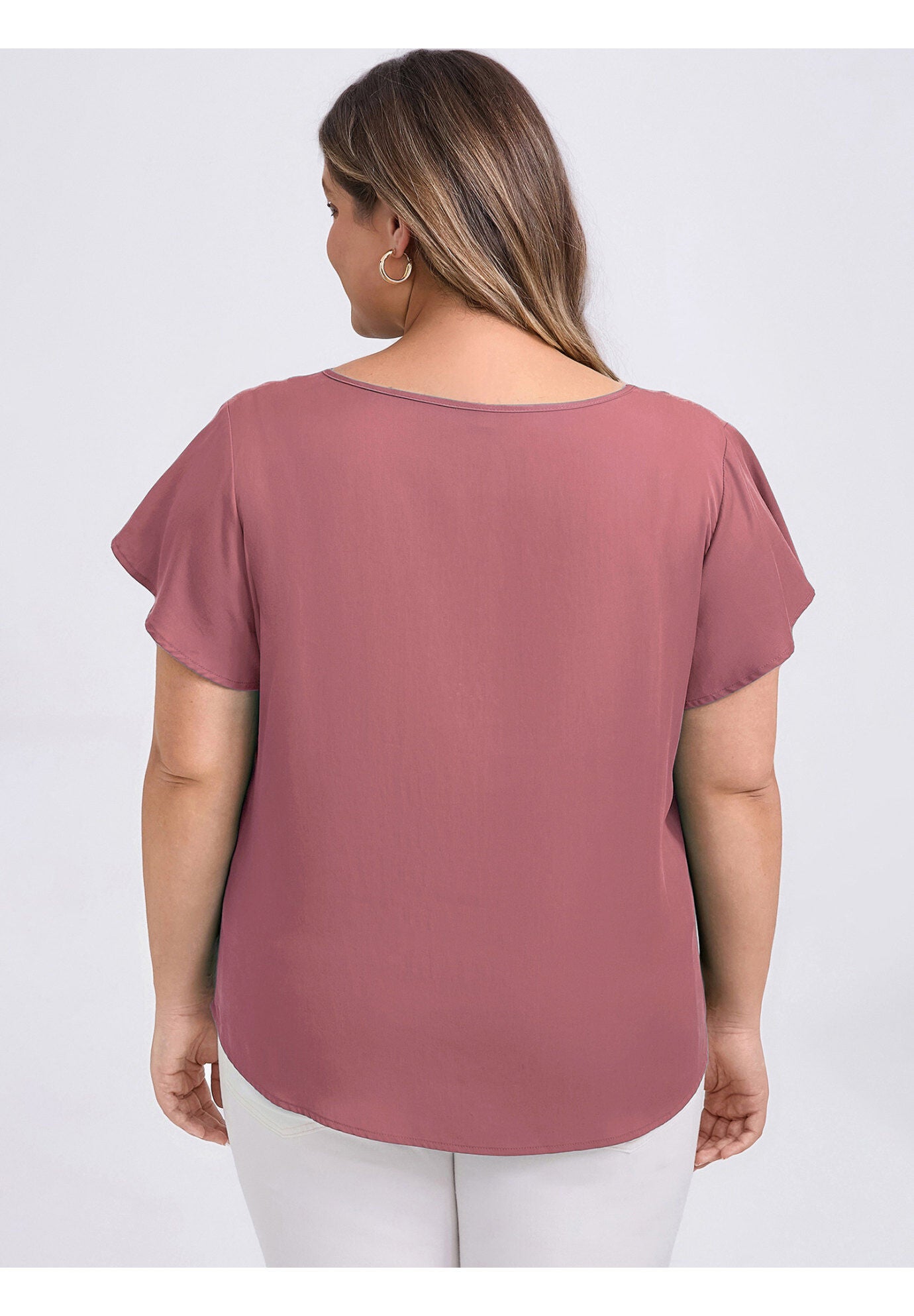 V Neck Shoulder Pleated Ruffle Short Sleeve Blouse, Dark Pink / Pink, alternate image number 2