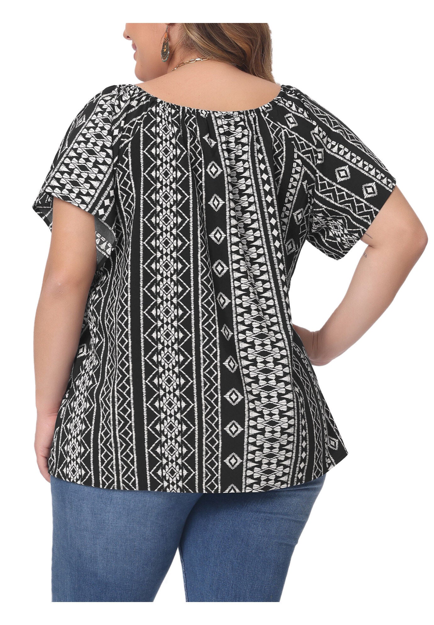 BOHO OFF SHOULDER SHORT SLEEVE CASUAL T-SHIRT TOP, Black / Black, alternate image number 2