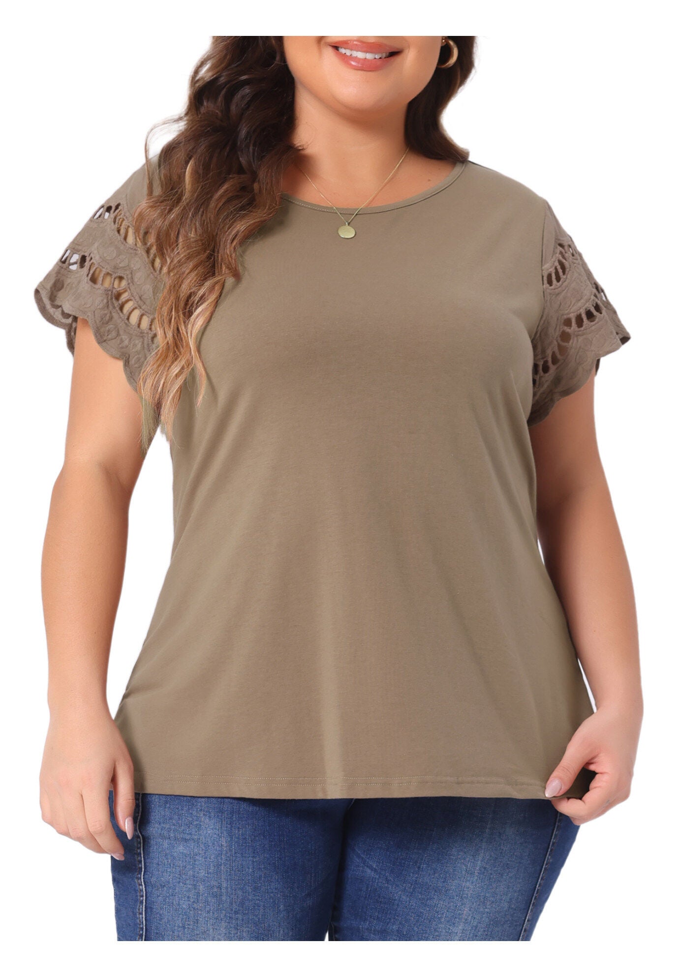 Lace Panel Hollow Short Sleeve Summer Blouse, Brown / Brown, alternate image number 2