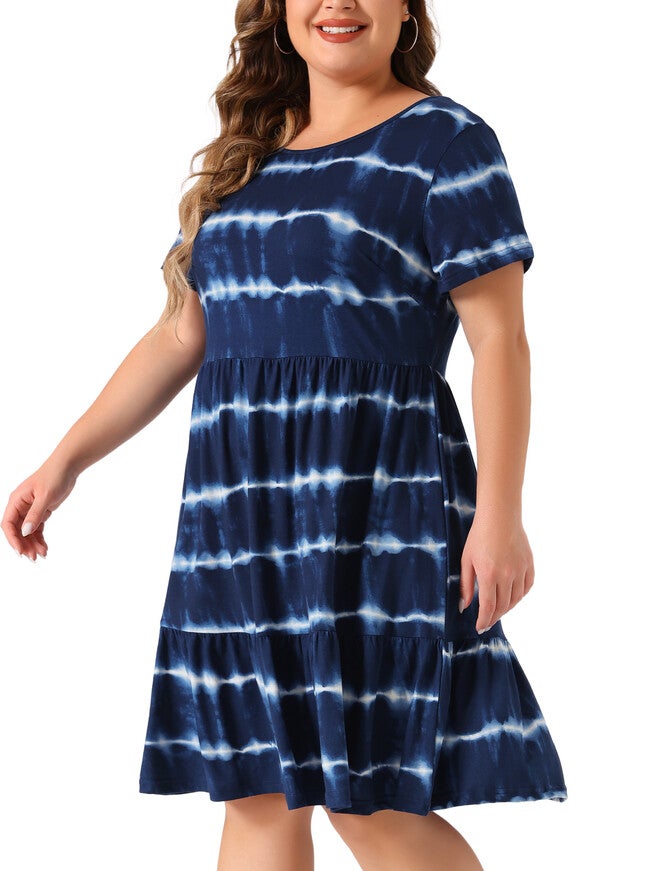 Summer Tie Dye Striped A Line Casual Swing T-Shirt Dress, Navy Blue / Black, alternate image number null