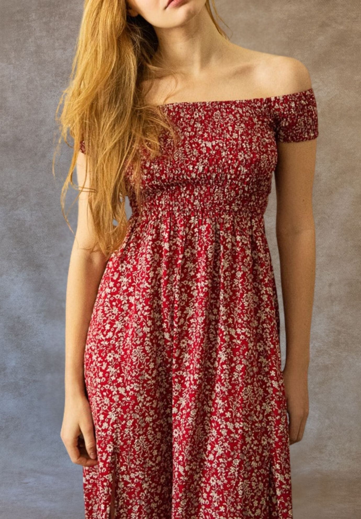 Annick- Lilou On-Off Shoulder Ditsy Floral Maxi Dress Front Slits, Red / Red, alternate image number 3