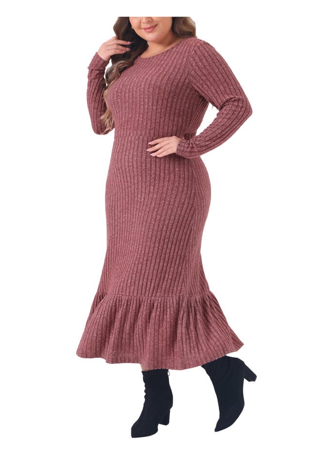 Ribbed Knit Long Sleeve Crew Neck Ruffled Hem Midi Dress, Purple Red / Purple, alternate image number 1