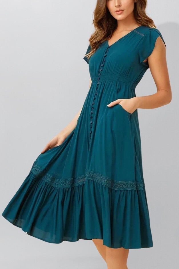 Annick - Elise Dress V-Neck Tiered Skirt Solid, Green / Teal, alternate image number null