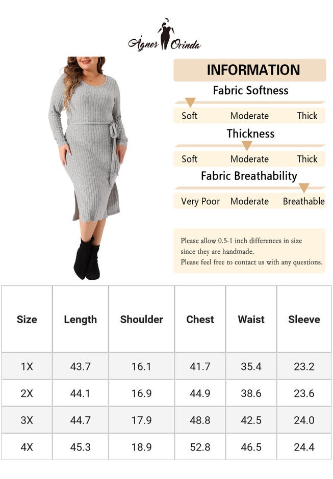 Round Neck Long Sleeve Ribbed Knit Side Slit Tie Waist Bodycon Midi Dress, Gray / Light Grey, alternate image number 3