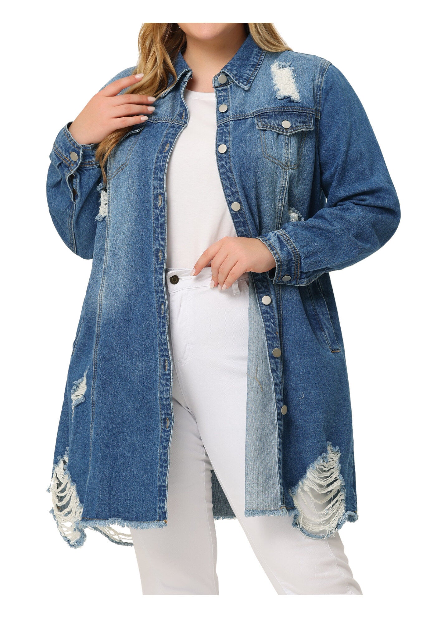 CLASSIC DISTRESSED FRAY HEM TRUCKER DENIM JACKET, Dark Blue / Navy, alternate image number 2
