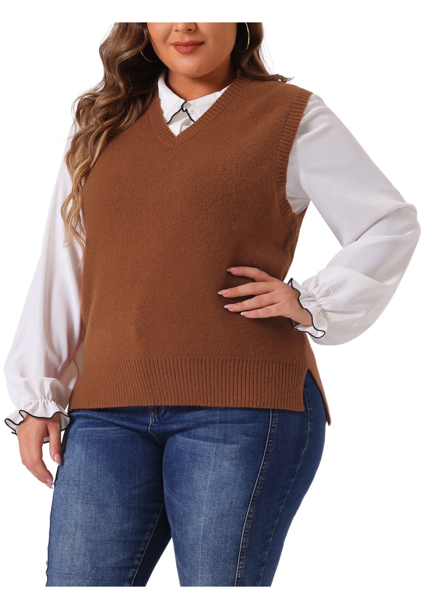 V Neck Knit Vest Sleeveless Pullover Sweater Top, Brown / Brown, alternate image number 2
