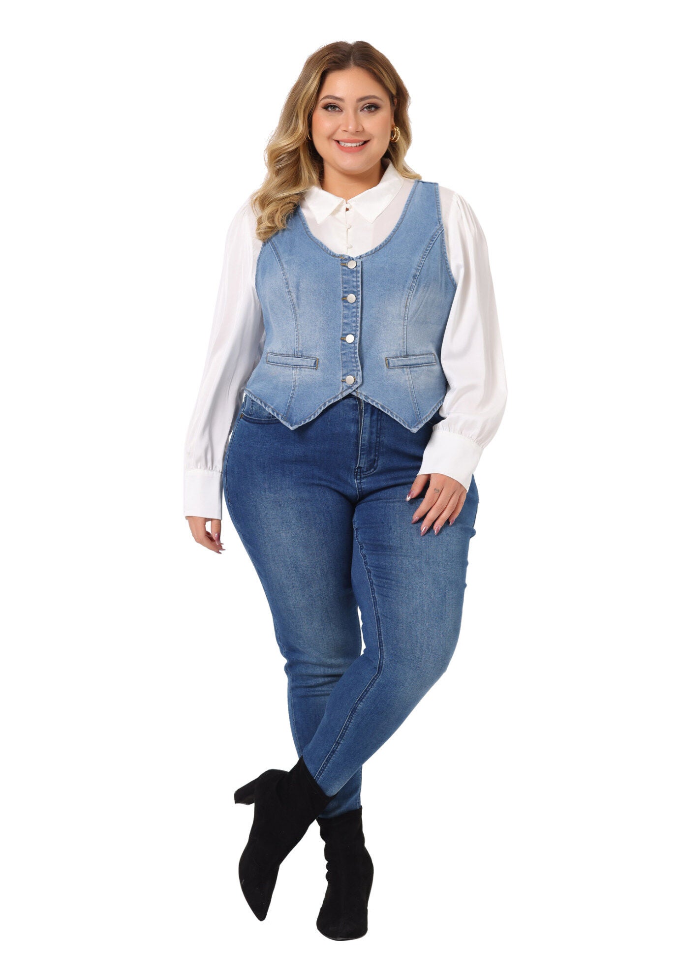 BUTTON DOWN SLEEVELESS JEAN WAISTCOAT VEST, Light Blue / Light Blue, hi-res image number 0