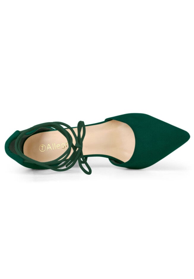 Pointed Toe Chunky Heels Lace Up Sandals Pumps, Dark Green / Forest Green, alternate image number 3