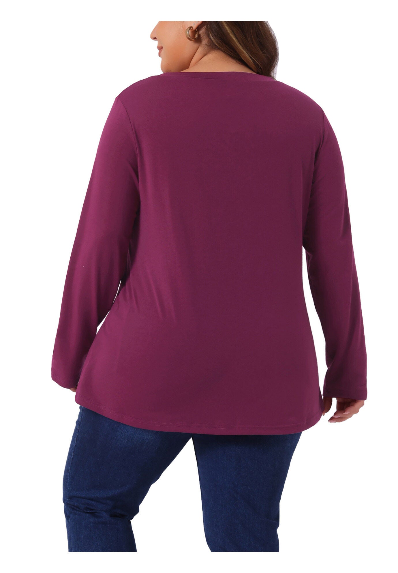 LONG SLEEVE TUNIC TOP V NECK LOOSE T SHIRT, Fuchsia / Deep Fuchsia, alternate image number 3
