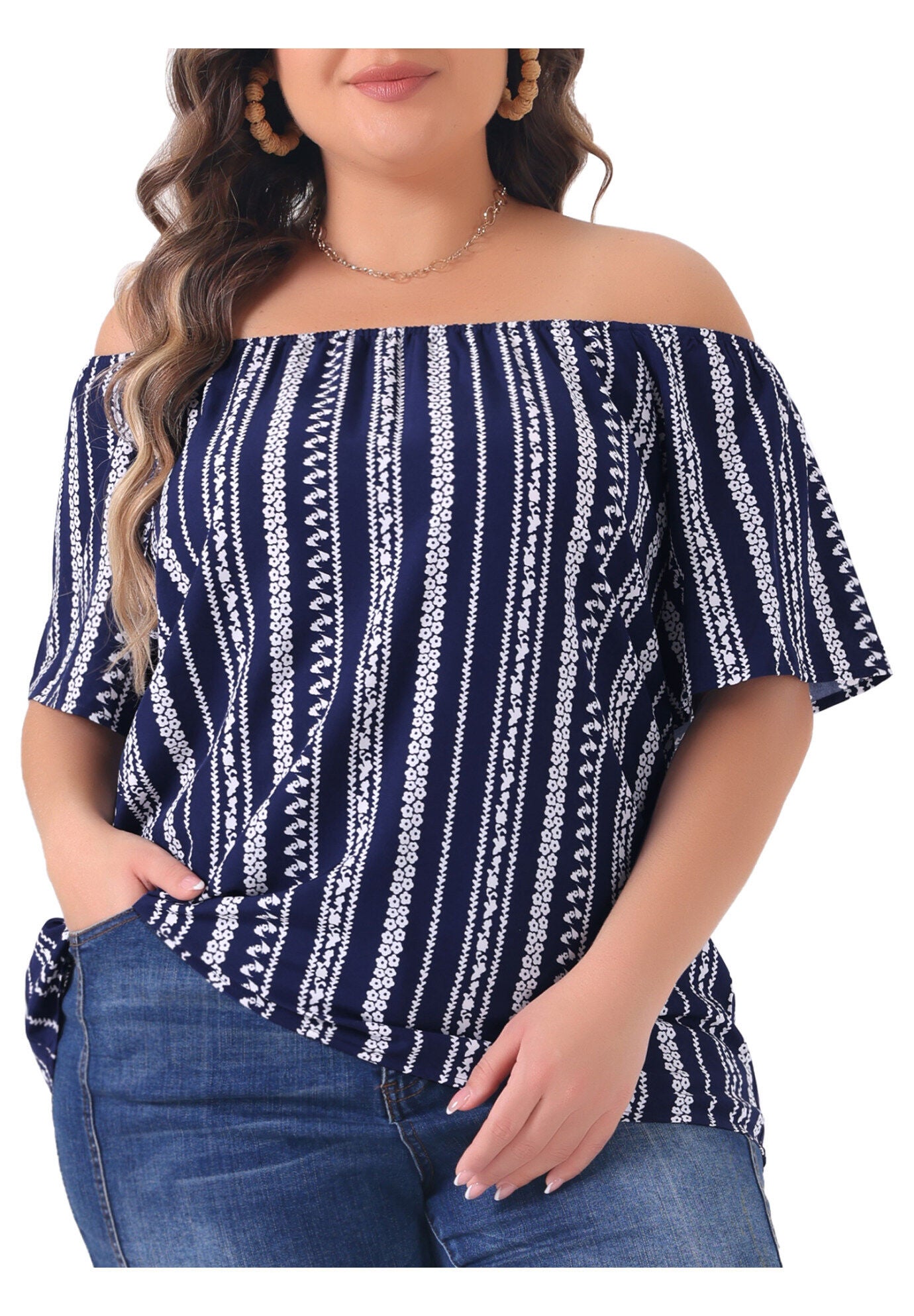 BOHO OFF SHOULDER SHORT SLEEVE CASUAL T-SHIRT TOP, Dark Blue / Navy, alternate image number 1