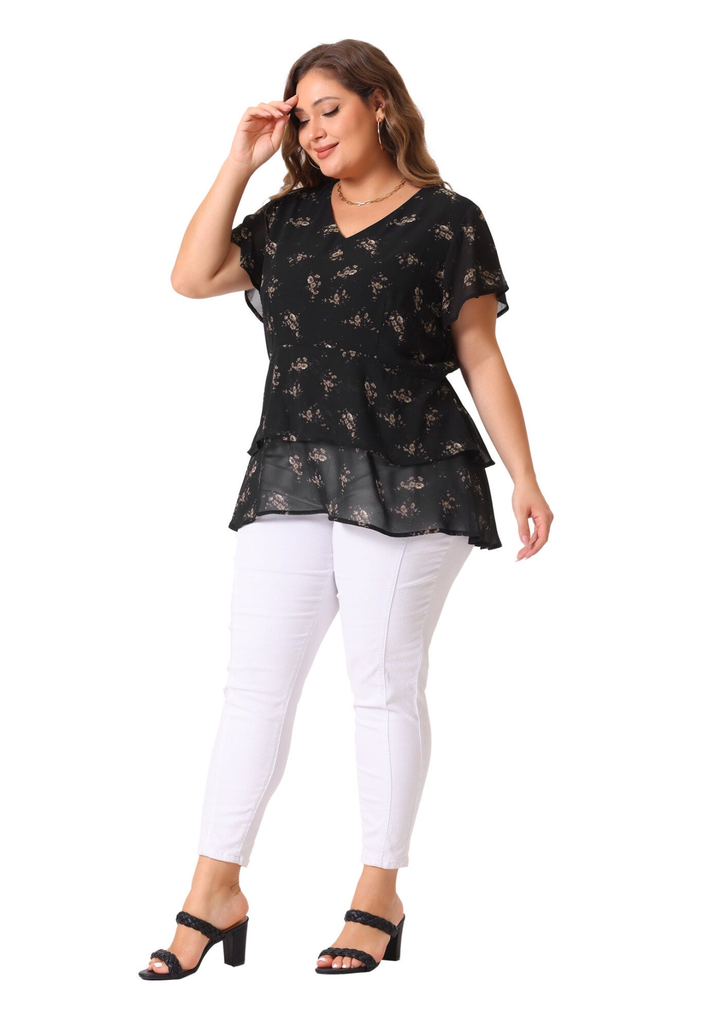 Short Sleeve Layered Casual Floral Blouse Summer Top, Dark Black / Black, hi-res image number 0