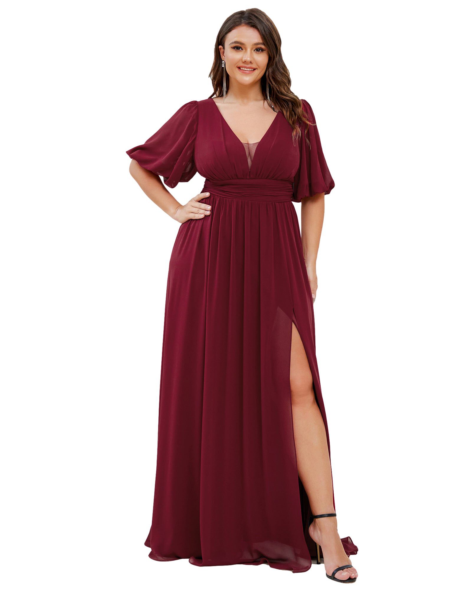 Chiffon Illusion V-Neck Flutter Sleeve Front Slit Evening Dress, Burgundy / Burgundy, hi-res image number 0