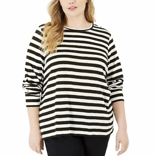 Michael Kors Women's Plus Size Striped Crewneck T-Shirt White Multi Size OX, White / White, hi-res image number 0