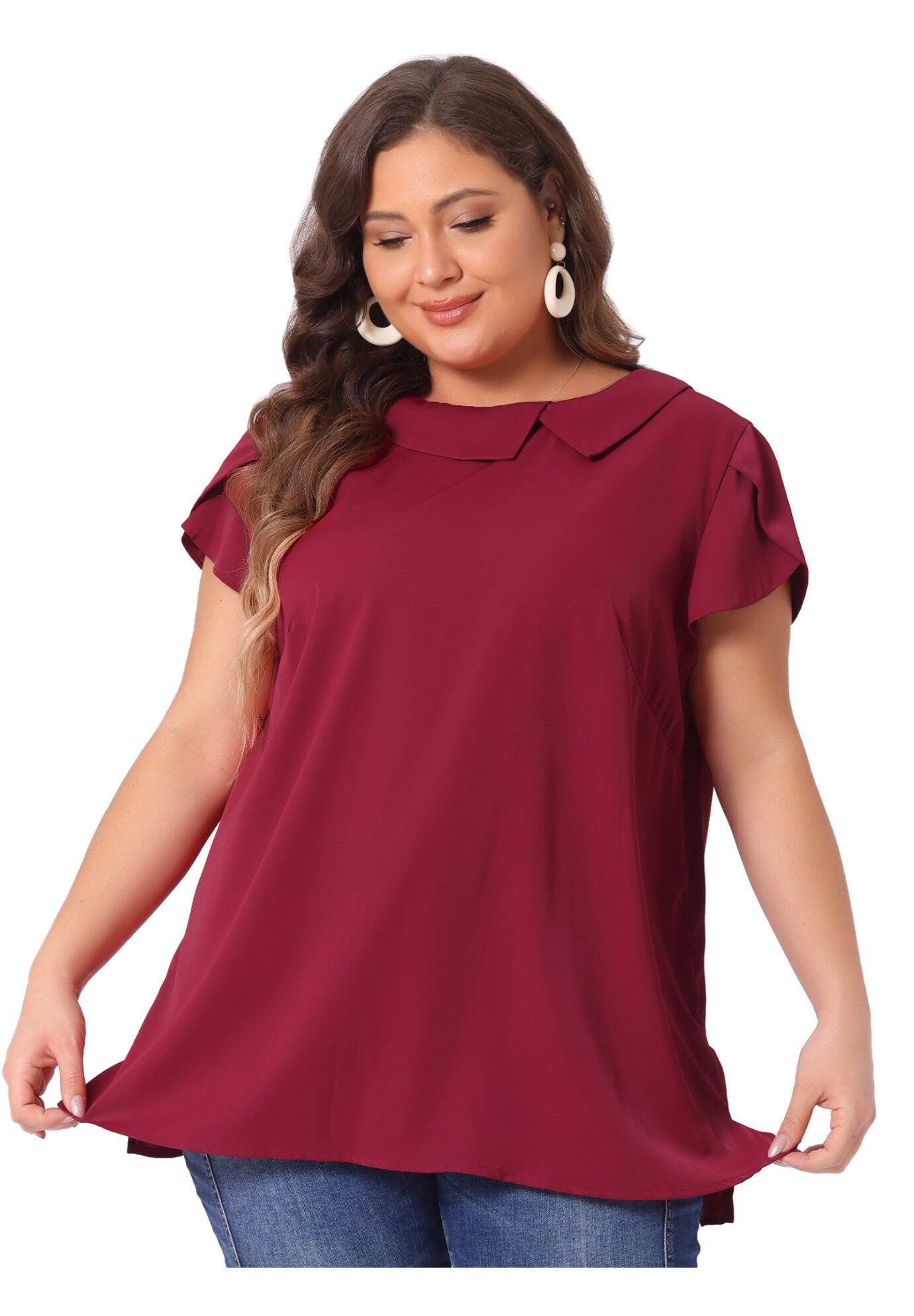 BOAT NECK FLUTTER SLEEVE CHIFFON TOP, Burgundy / Red, alternate image number 2
