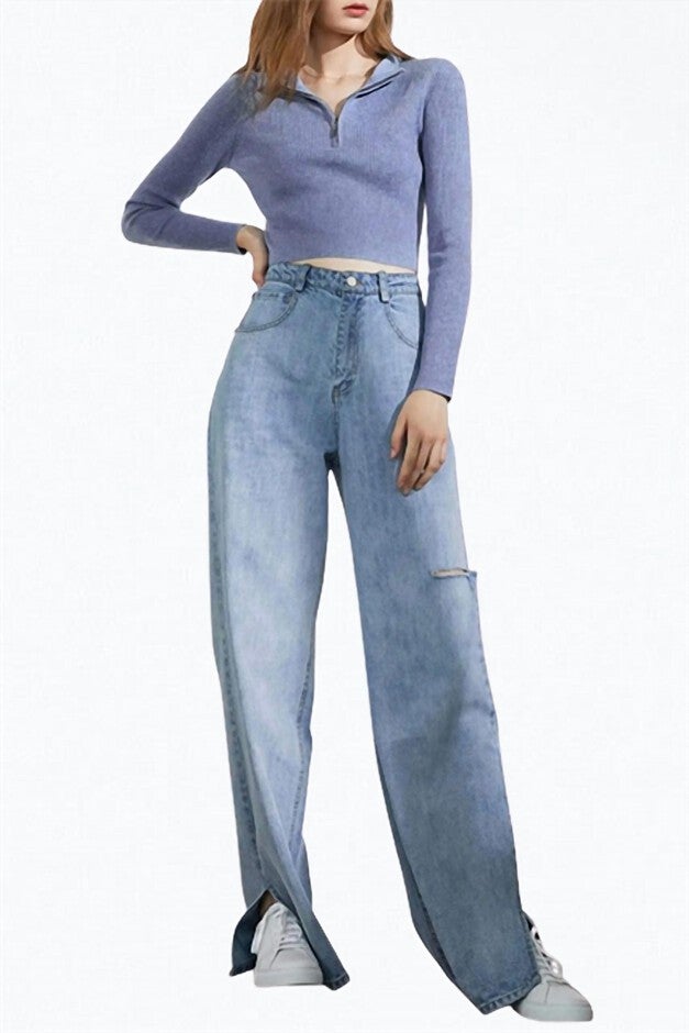 DENNIS CUTOUT SLIT-HEM WIDE-LEG JEANS IN LIGHT BLUE, Light Blue / Light Wash, hi-res image number 0