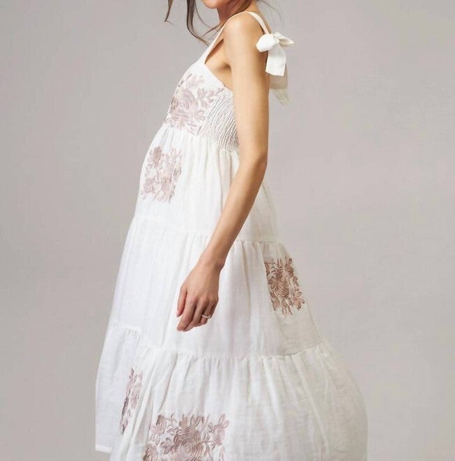 SHAY DOUBLE COTTON GAUZE DRESS IN IVORY WITH TAN ROSES, Ivory With Tan Roses / White, alternate image number 1