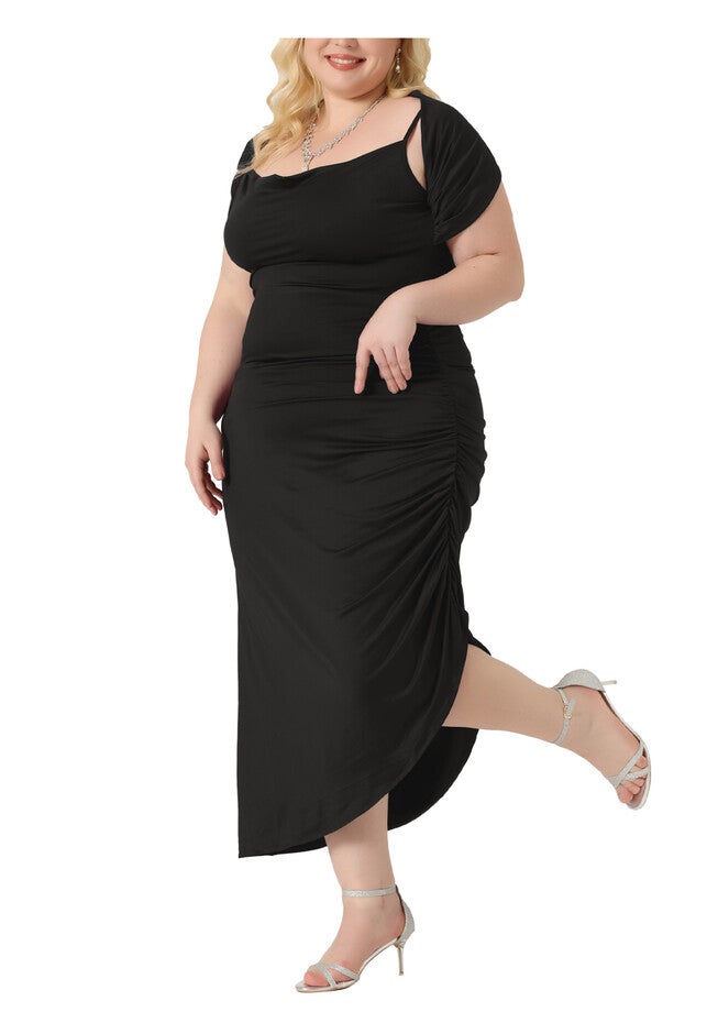 Spaghetti Strap Cowl Neck Ruched Cami Bodycon Dress with Shawl, Black / Black, alternate image number null